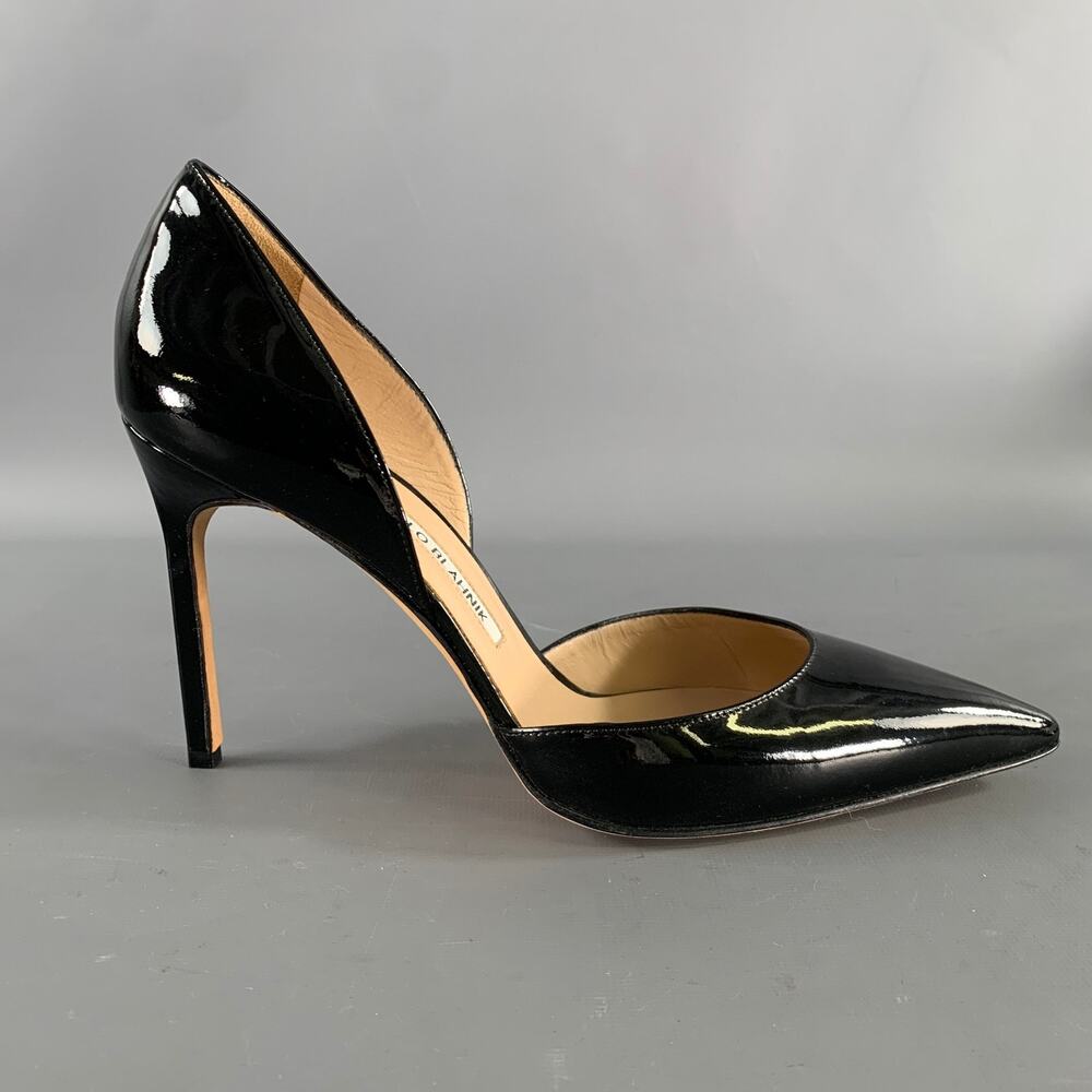MANOLO BLAHNIK Size 9.5 Black Patent Leather Two Tone Pointed Toe Pumps - Picture 2 of 8
